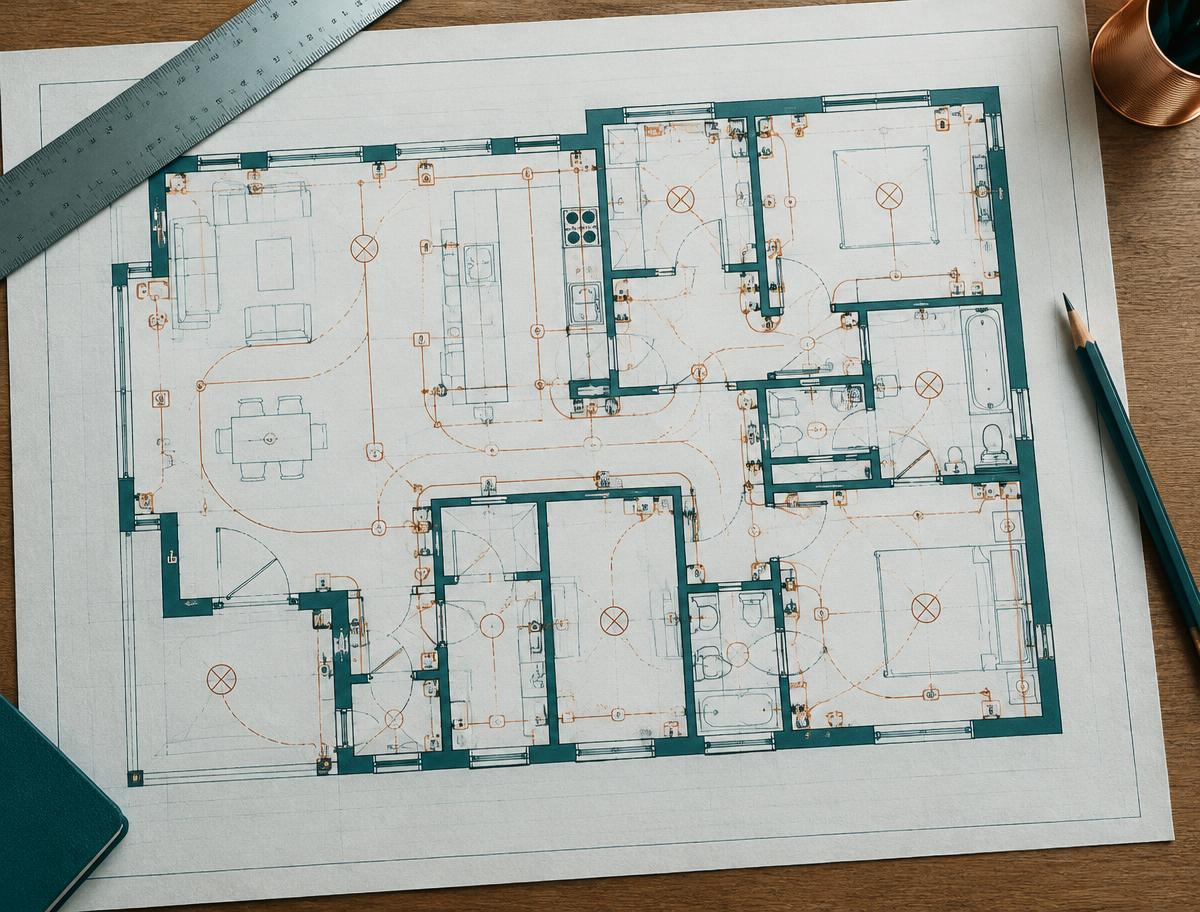 Planta técnica de instalação elétrica sobre uma mesa